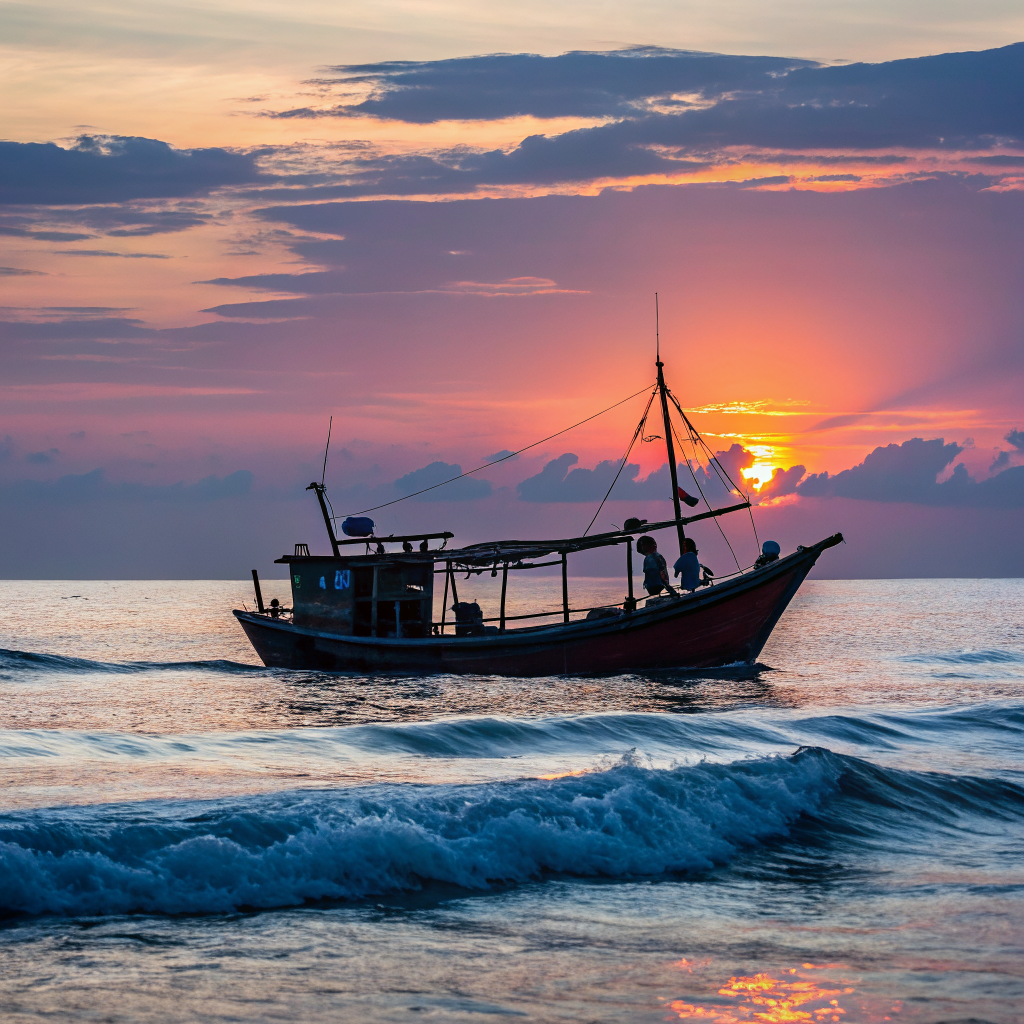 Thuyền cá nhỏ trên biển lúc hoàng hôn — hình ảnh đặc trưng của các làng chài Việt Nam