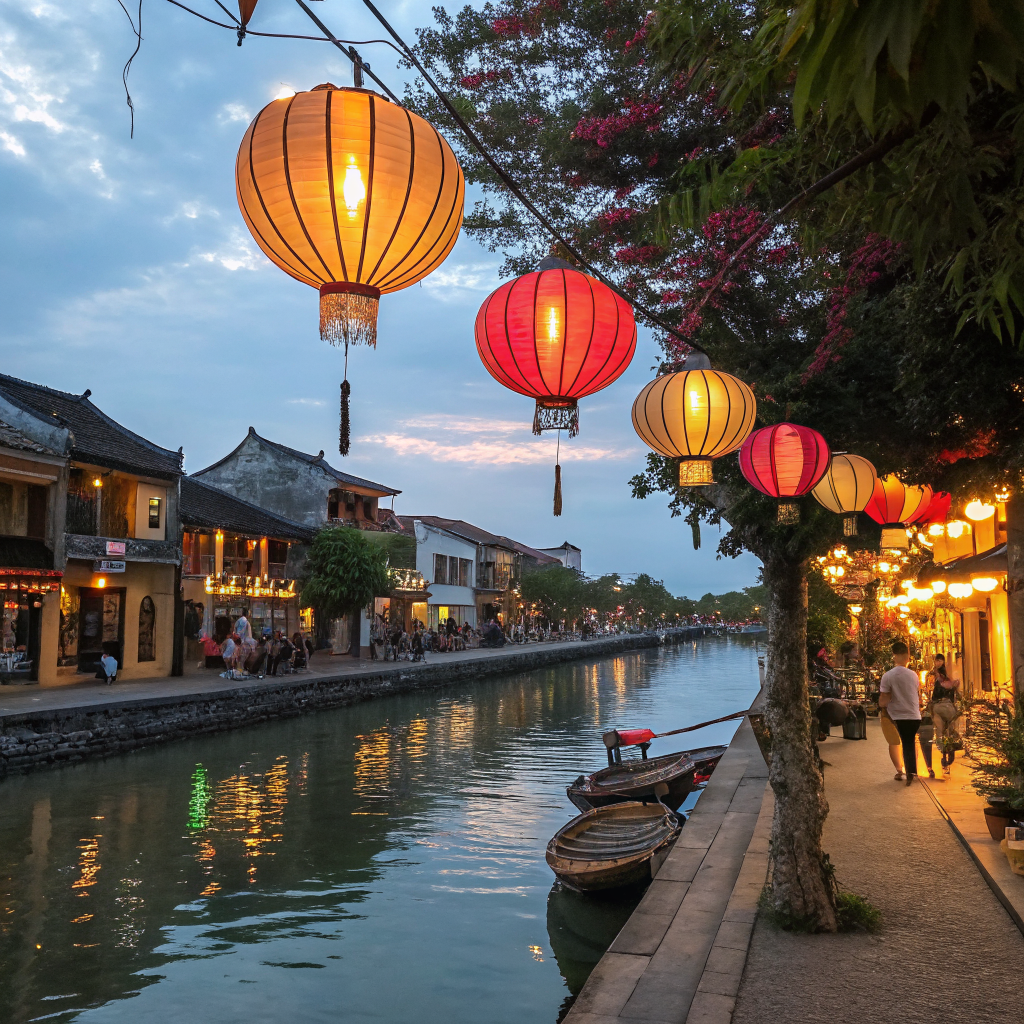 Đèn lồng Hội An rực rỡ bên dòng sông Hoài lúc chạng vạng — di sản UNESCO của Việt Nam